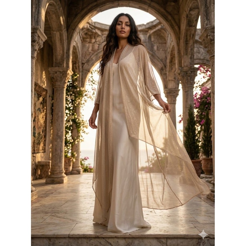 Chic Lux Metallic Shimmer Sheer Draped Kimono Cardigan Open Front Duster Gold PM